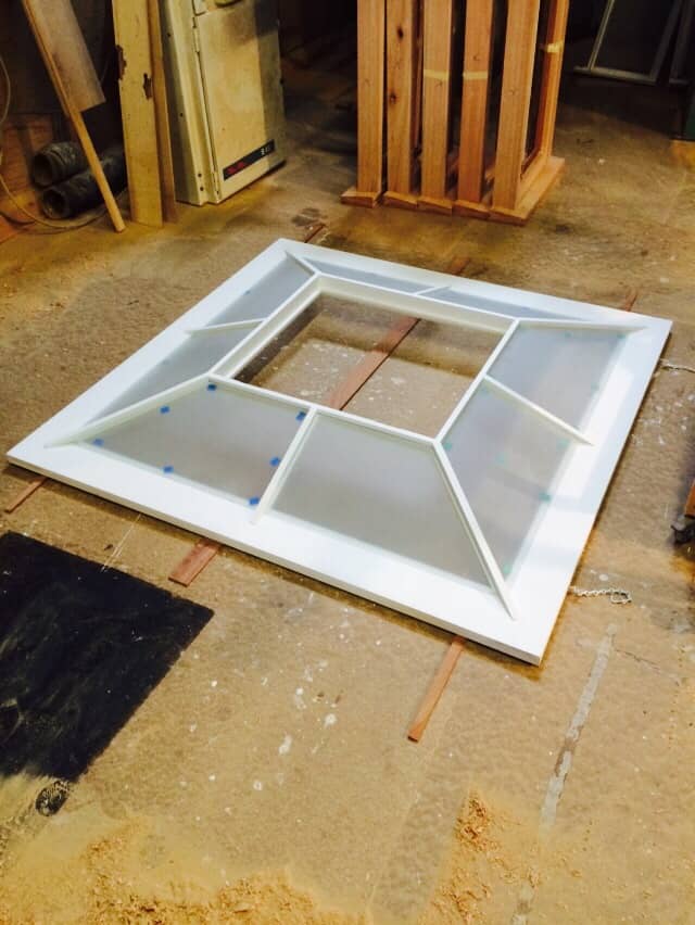 Hardwood timber skylight painted and glazed, prior to installation