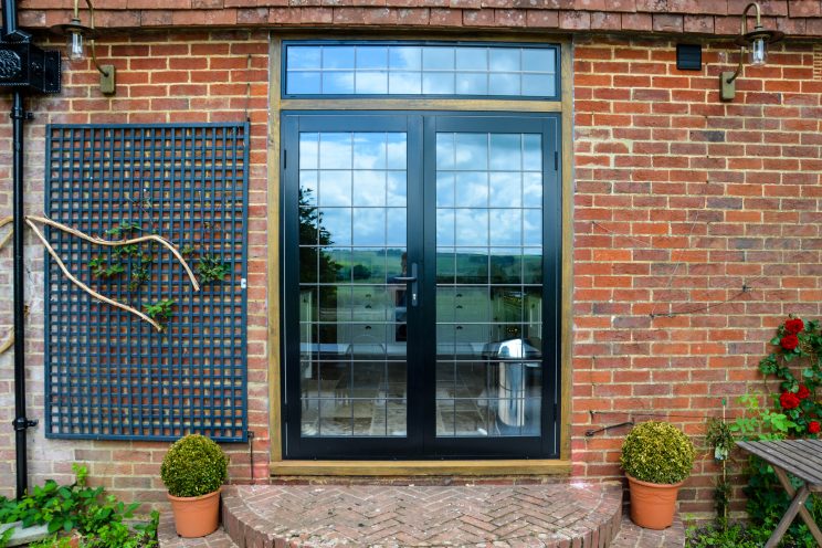 Black french door with leaded glass