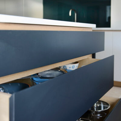 Contemporary bespoke kitchen with soft close drawers in dark grey