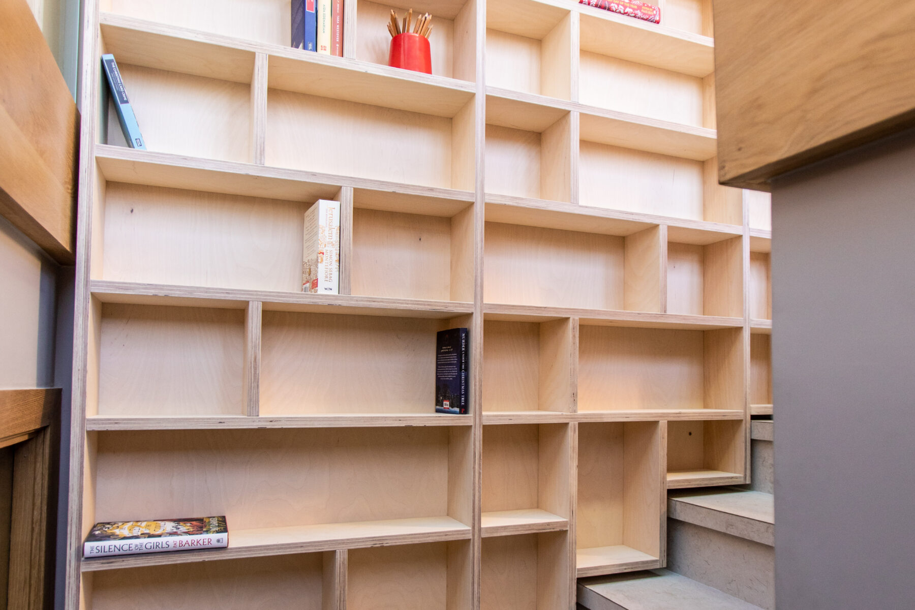 Library bookcase on stairway