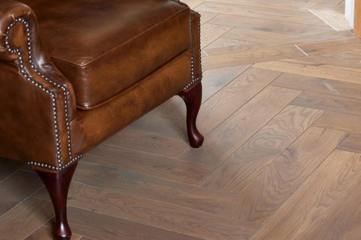 Oak parquet flooring in a large format herringbone style